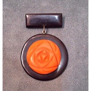 Vintage Bakelite Rose Brooch Dangling Orange Black